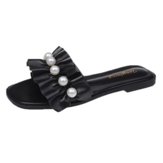 Женские шлепанцы с декором из искусственного жемчуга, сандалии с отделкой с рюшами, износостойкие шлепанцы на плоской подошве с открытым носком, летние песчаные пляжные сандалии, женская обувь