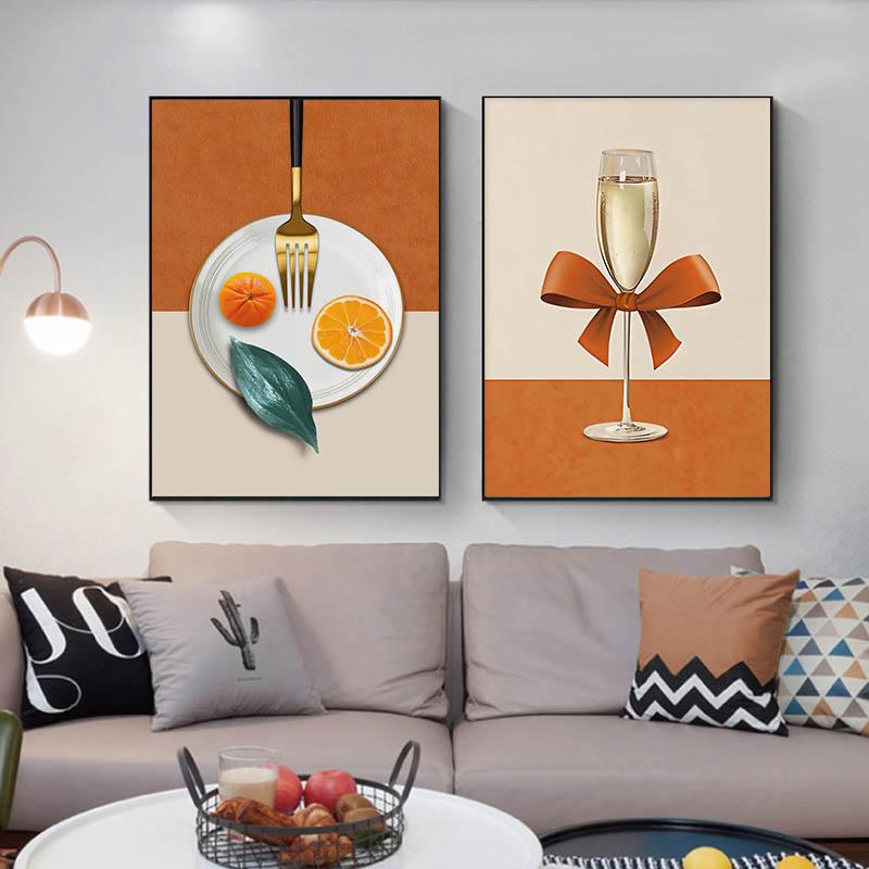 Абстрактное стекло для вина, оранжевая вилка, тарелка с бантом, посуда для ресторана, холст, картина для гостиной, украшение ресторана, без рамки