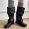 Retro Low Heel Mid-Leg Boots Women's Spring and Autumn New Square Toe Sleeve Bow Metal Belt Buckle Non-Slip Shoes