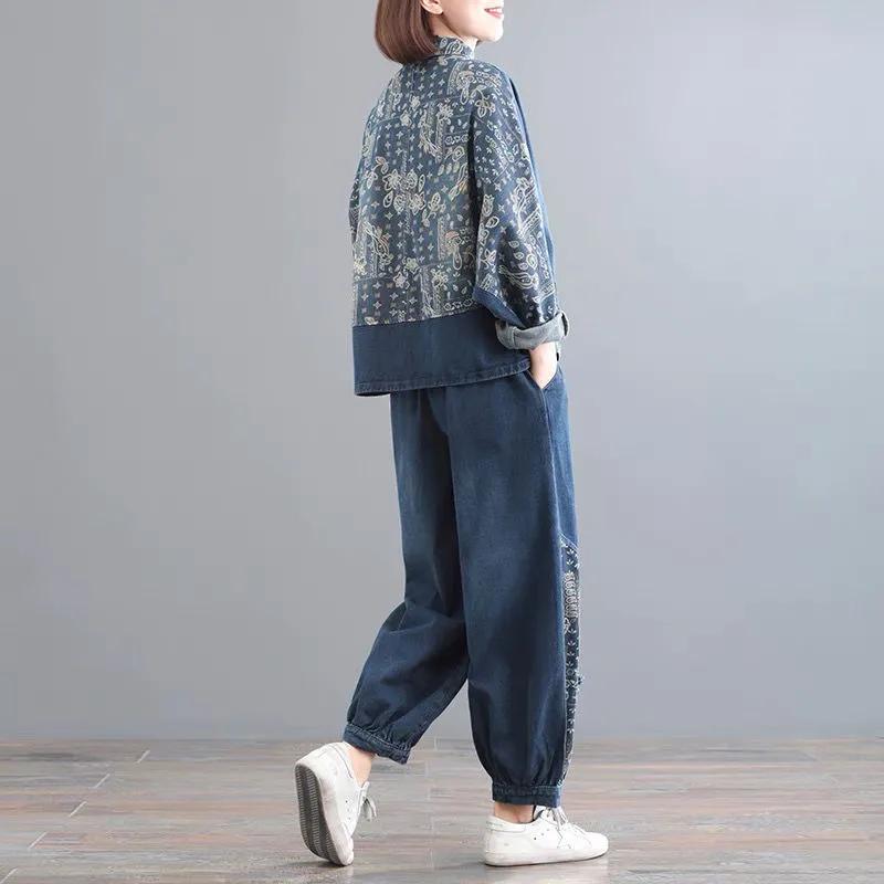 Джинсовый комплект большого размера со стойкой, женский этнический стиль, пэчворк, свободный и модный джинсовый комплект с пряжкой, комплект из двух предметов