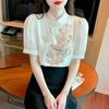 New Chinese Women's Short-sleeved Shirt Top for Women's Summer Heavy Industry Beaded Chiffon Shirt Retro Chinese Style Buttoned Shirt