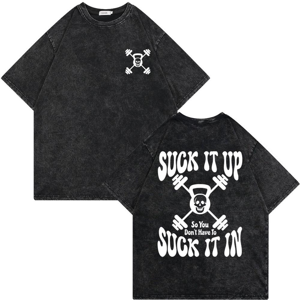 Vintage Washed Old Skeleton Gym Pump Cover Tshirts Male Oversized T Shirt Men Women Funny Fitness Workout Bodybuilding Tshirt