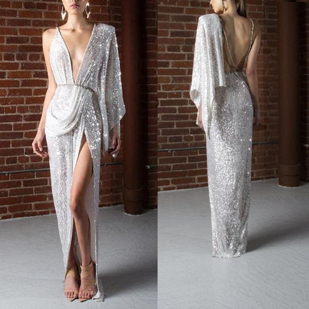 Новое европейское и американское spliced sequined neck halter skirt with split ends and slim fit, light and familiar style V-neck sexy dress