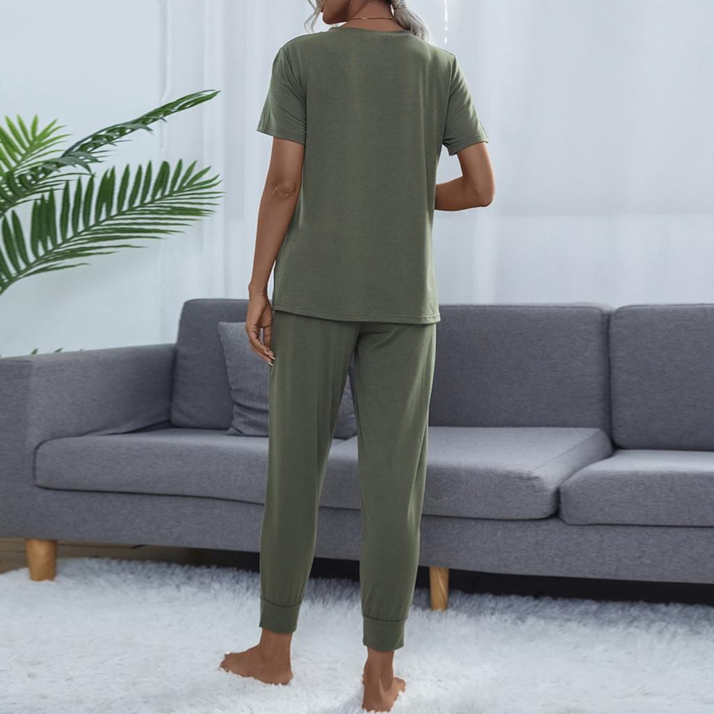 Женский повседневный однотонный топ с круглым вырезом и короткими рукавами, брюки, домашний костюм