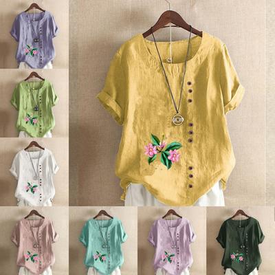 Женская модная футболка с круглым вырезом и коротким рукавом, повседневная хлопковая льняная рубашка с графическим принтом, свободная летняя блузка с цветочным принтом, топы