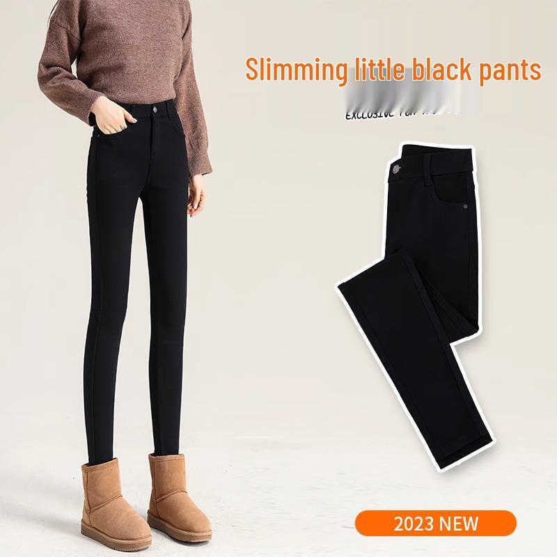 Женские зимние черные леггинсы на флисовой подкладке - Толстый хлопок из овечьей шерсти, Облегающий крой, Стиль осень/зима 2025