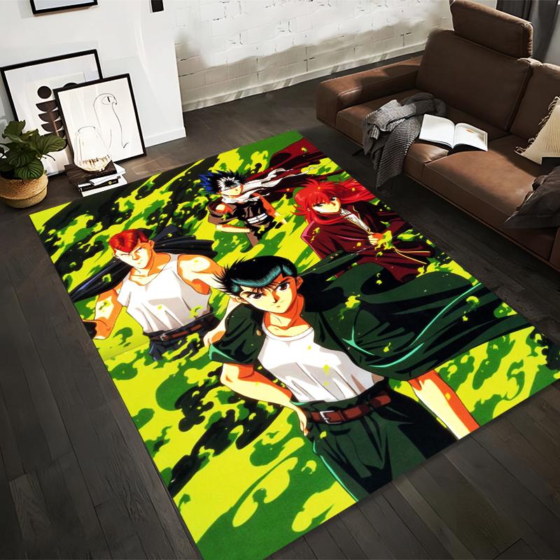 "Anime Style Green Camouflage Carpet with Bold Vibrant Characters Print" Suitable for use as an anti-slip for living room bedroom sofas