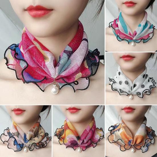 2Pcs Women Faux Silk Scarf Printing Faux Pearl Decor Lace Trim Lightweight Scarf Hand Strap Accessory