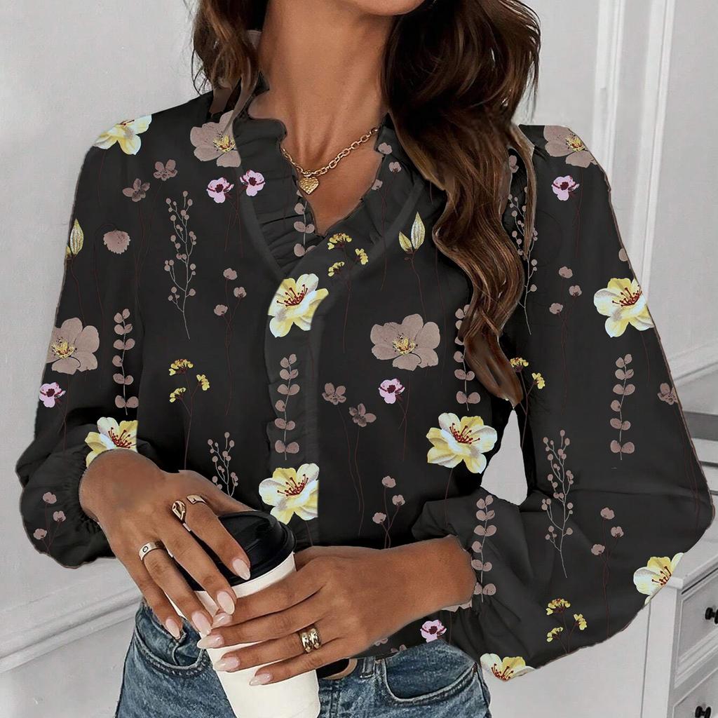 Women's Fall Ruffle V-Neck Fashion Printed Long Sleeve T-Shirt Shirt Top
