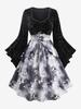 Rosegal Plus Size Tie Dye Ombre Butterfly Printed Flower Embossed Velvet Patchwork Lace Up Ruched A Line Dress