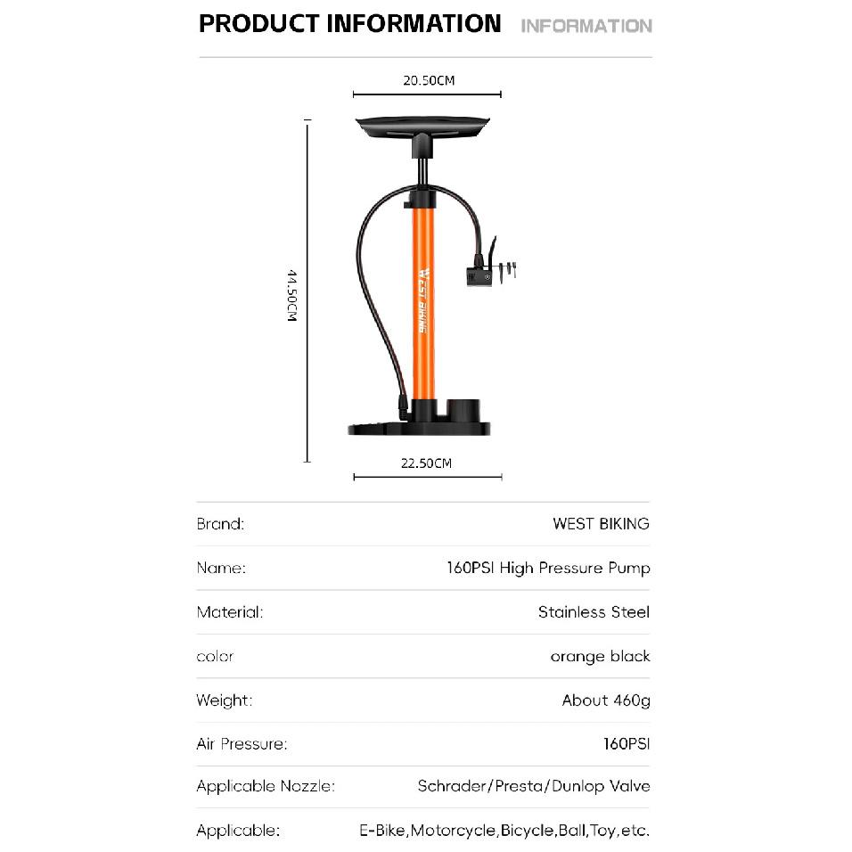 WEST BIKING 160PSI Bike Pump With Gauge Portable Stainless Steel Bike Pump Schrader Presta Valve Inflator Bike Accessories