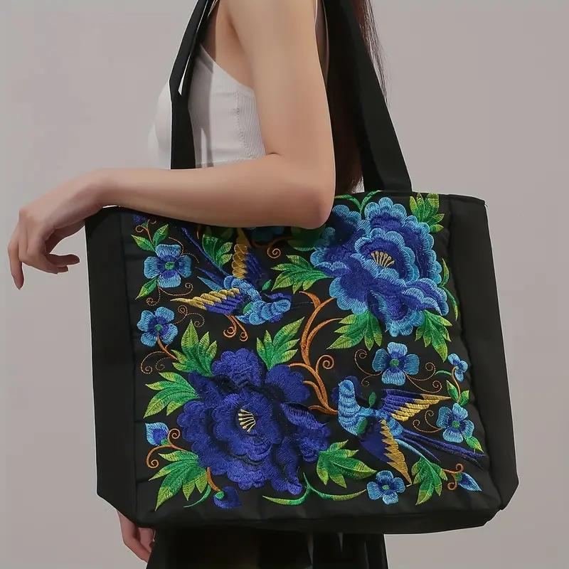 Flower Embroidery Canvas Tote Bag, Ethnic Style Shoulder Bag, Large Capacity Handbag For Women KTY