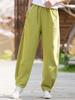 Women Vintage Linen Striped Pants Solid Color Pockets Ramie Elastic Waist Loose Trouser Spring Female Long Pants