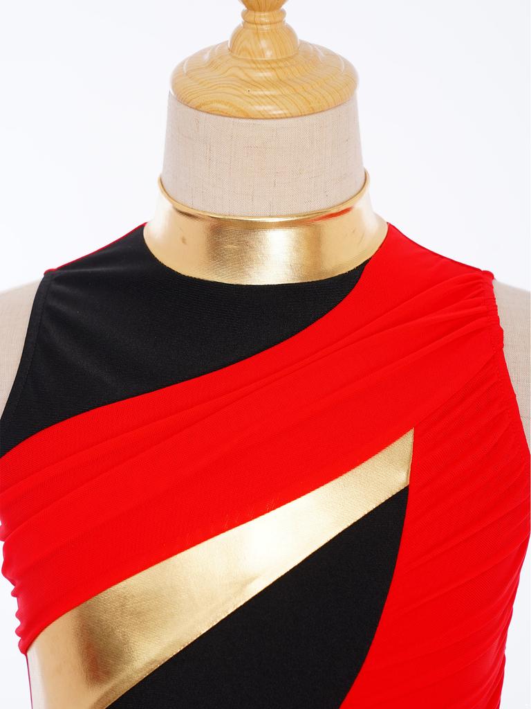 Современное танцевальное платье для девочек: Воротник-стойка с драпированным сетчатым лифом, боковой разрез и дизайн Color Block для сценического выступления