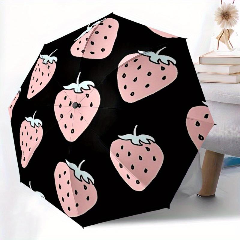 1pc Strawberry Pattern Automatic Open/close Folding Compact Umbrella, 8-Rib Sturdy Canopy, Lightweight Portable, Everyday Use, Gift, Outdoor Umbrella,