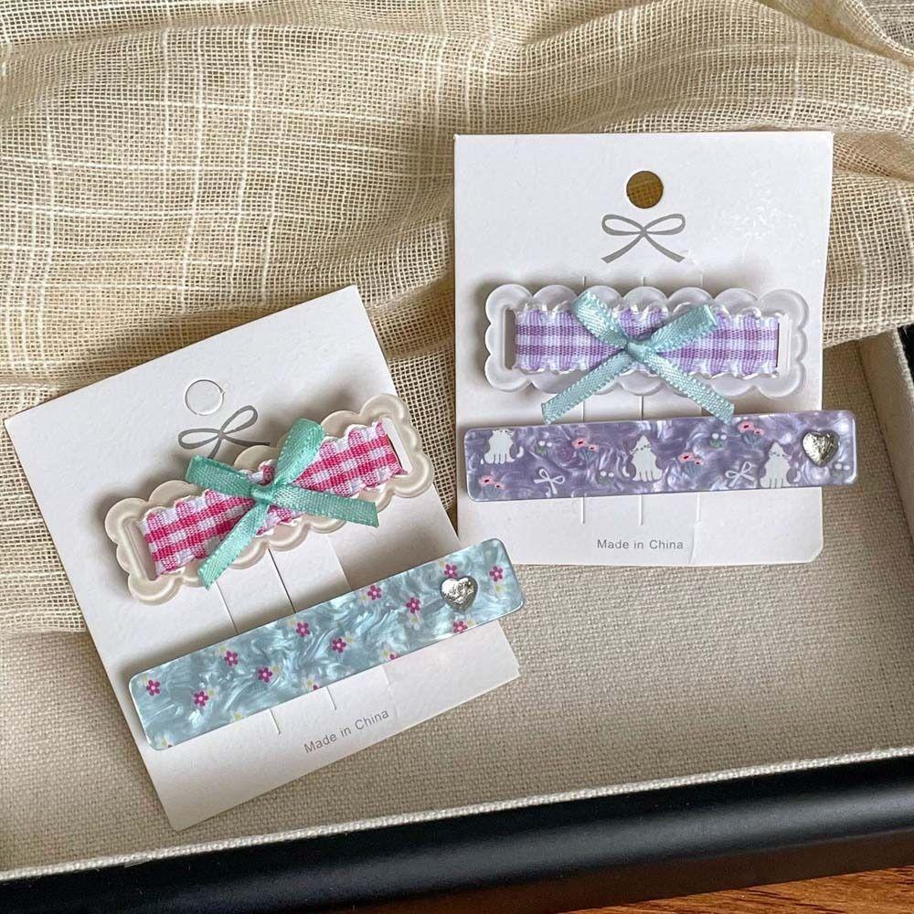 2 шт./компл. Корейский стиль Мультяшный кот Заколки-автоматы Корейская заколка для волос Бант Клетчатая заколка для волос Лето