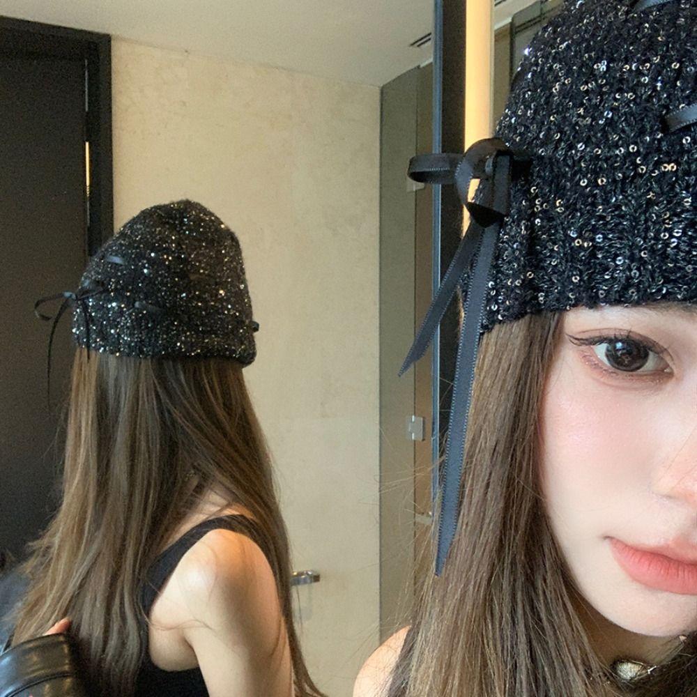 Warm Cap Sequin Knitted Hat Bow Knit Cap Casual Bowknot Beanies Hat  Autumn