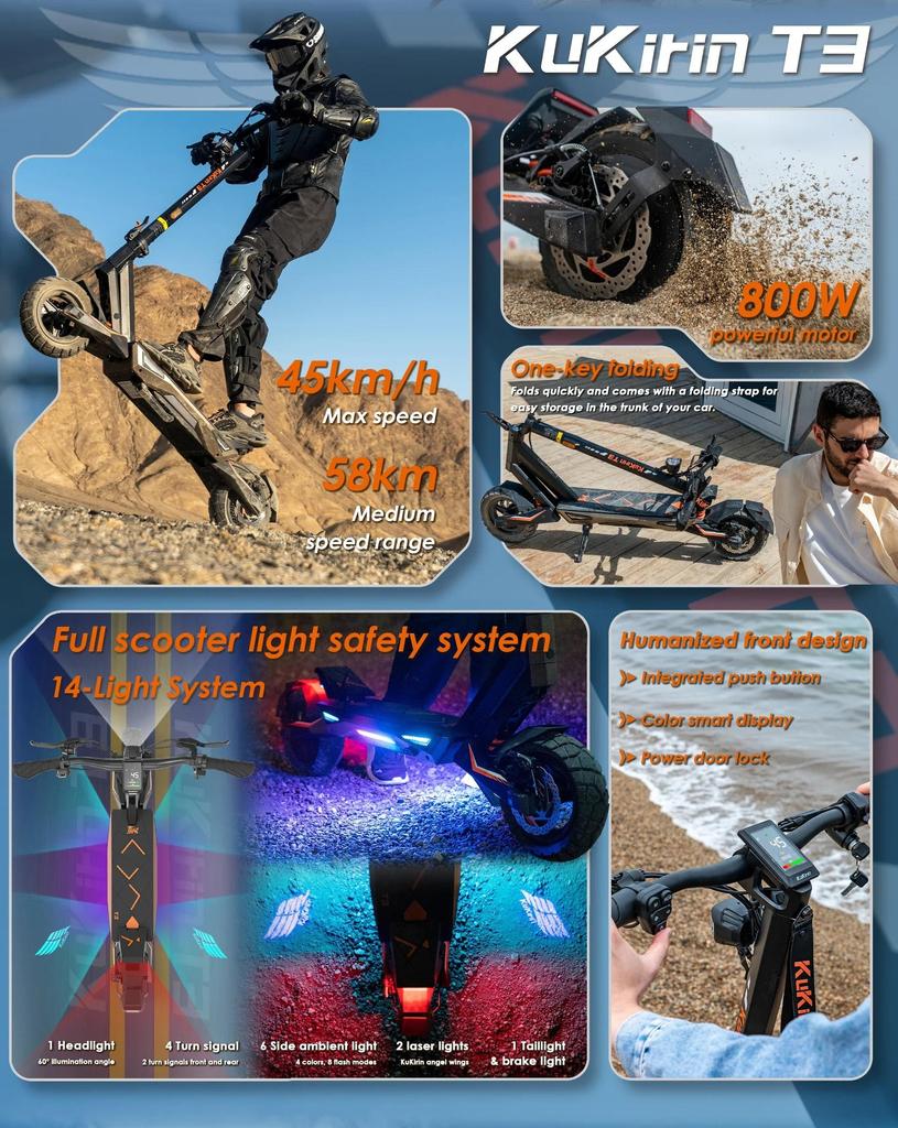 KuKirin T3 Foldable Electric Scooter 800W Brushless Motor 48V 15.6Ah 58KM Long Range 10" All-Terrain Off-Road E-Scooter