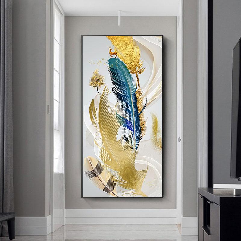 Abstract Feather Golden Yellow Deer Posters Prints Golden Feathers Canvas Painting Tree Wall Art for Living Room Home Decor
