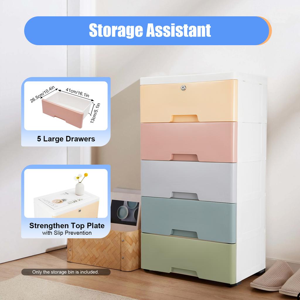 5-Drawer Rolling Storage Cart, PP Plastic Mobile Organizer Cabinet with Wheels for Bedroom, Bathroom, Kitchen, White