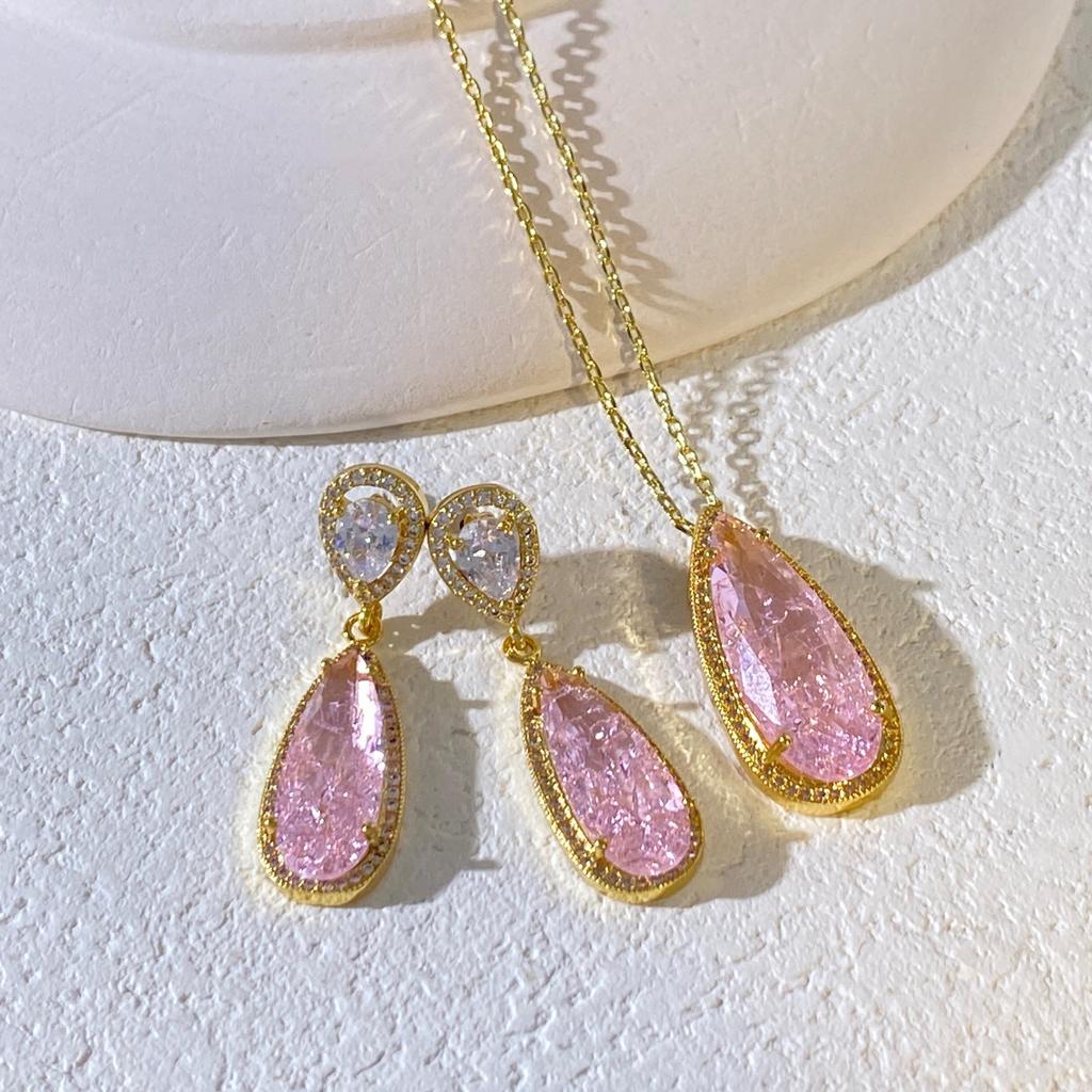 Ice Crack Water Drop Color Zirconium Jewelry Set Pink Blue Green Lake Blue Multi-color Optional Gold and Silver Base Stud Earrings Necklace