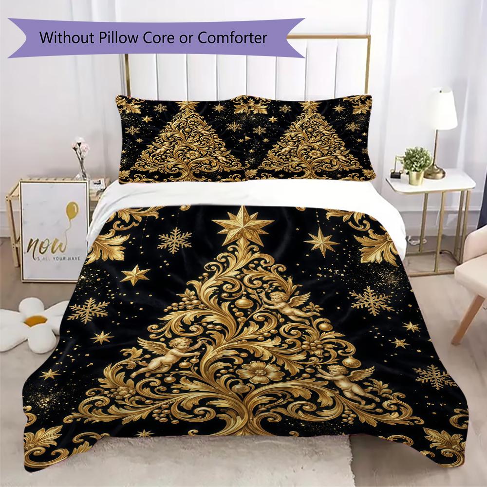 Golden Christmas Tree Pattern Bedding uilt Set uilt Cover Pillowcase Home Decoration Birthday Gift (1 * duvet cover + 2 * pillowcase without core)_XIA