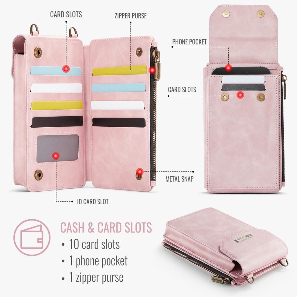 Multi-function Cellphone PU Leather 9 Card Slots Wallet Case with 2 Ropes for iPhone Samsung Xiaomi Anti-theft Brush Universal Size Zipper Bag