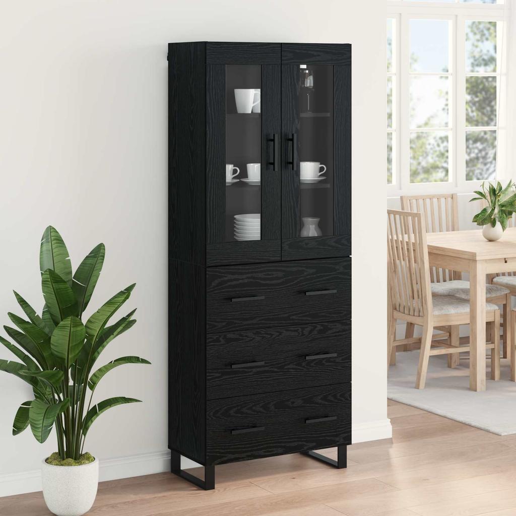Highboard 2 pcs Black Oak Effect Engineered Wood and Glass