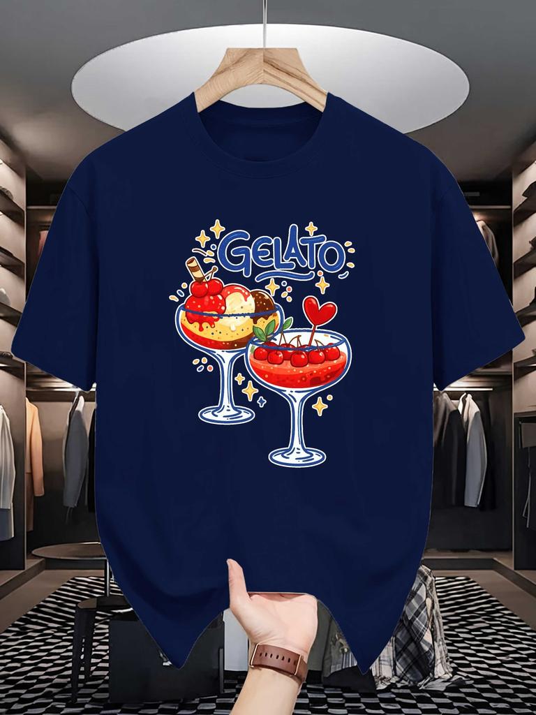 Gelato Unisexs Crew Neck T Shirt Cartoon Italian Ice Cream Cherry Dessert Cup Sweet Food Graphic Short Sleeve Casual Street Tops