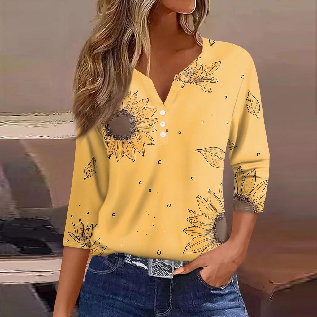Жен. Футболка С принтом Пуговицы Рукав 3/4 Повседневные Выходные Мода Классический Классический V-образный вырез Обычный Верх