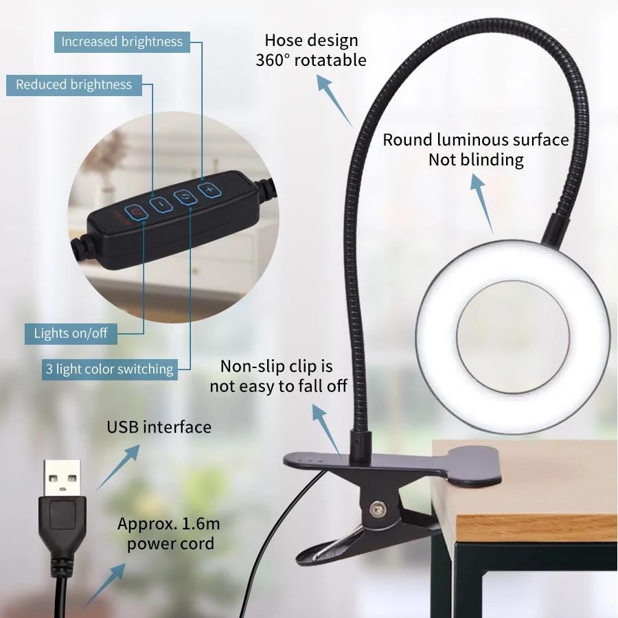 USB Rechargeable LED Clip-on Desk Light Flexible Eye Protection Reading Lamp 3 Colors Adjustable For Bedroom Study Lighting