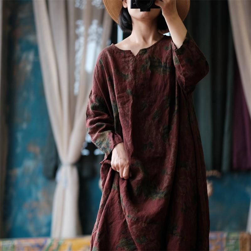 Johnature Осеннее женское свободное льняное платье с принтом, винтажное платье с круглым вырезом в китайском стиле с длинными рукавами