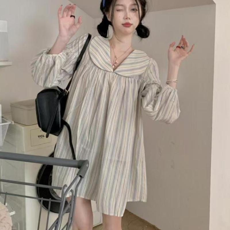 Женская полосатая рубашка, разноцветная, воротник Питер Пэн, рукава-фонарики, длинная блузка, корейский стиль, весна, новая, свободная, повседневная, милая версия, женский топ