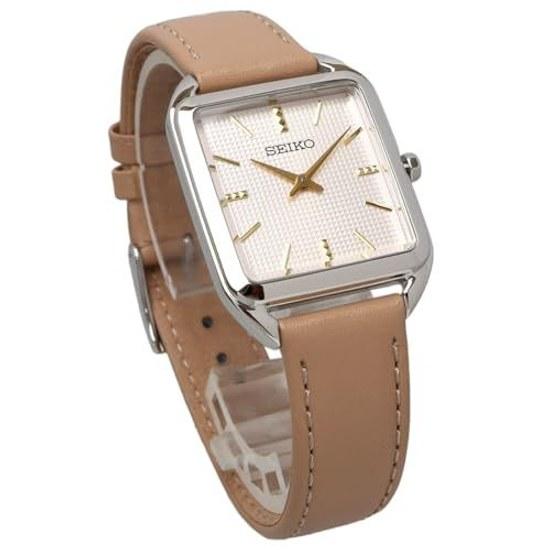 SEIKO кварцевые наручные часы женские квадратный дизайн SWR089P1 серебристый бежевый кожаный ремешок
