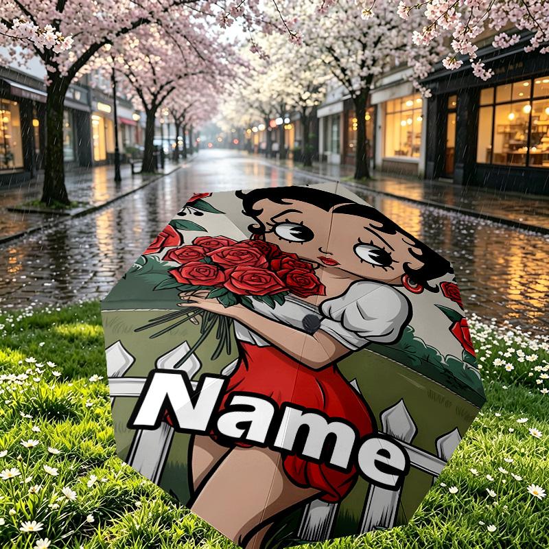 Custom Name Personalized Betty Boop Print Umbrella, Auto Open Close, 8‑Rib Sturdy Frame, Commute Camping Hiking Use, Birthday Gift