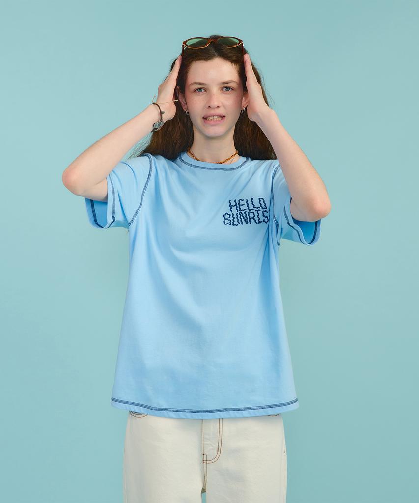 HELLO SUNRISE Hs Doodle Typo Stitch Tee_Sky Blue