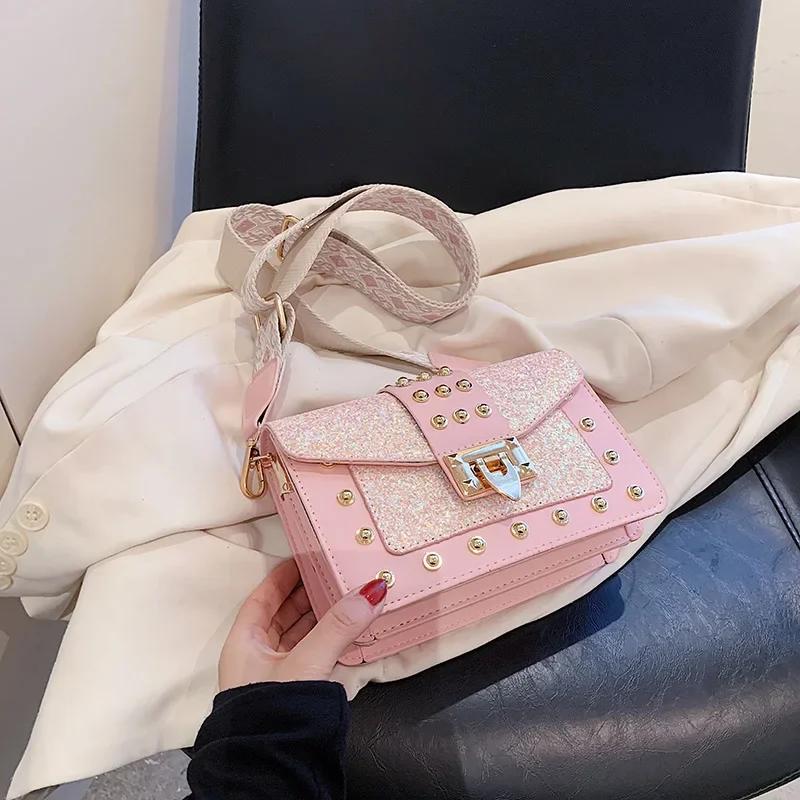 Модная женская сумка через плечо с заклепками из лакированной кожи, широкая сумка через плечо, женская модная маленькая квадратная сумка через плечо с пайетками