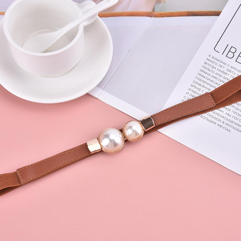Creative Pearl Buckle Belt Pu Leather Dress Skirt Waist Elastic Thin Women Belts