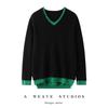 Korean Style V-Neck Color Block Cashmere Knit Women's Base Layer - Loose Fit & Slimming for Autumn/Winter