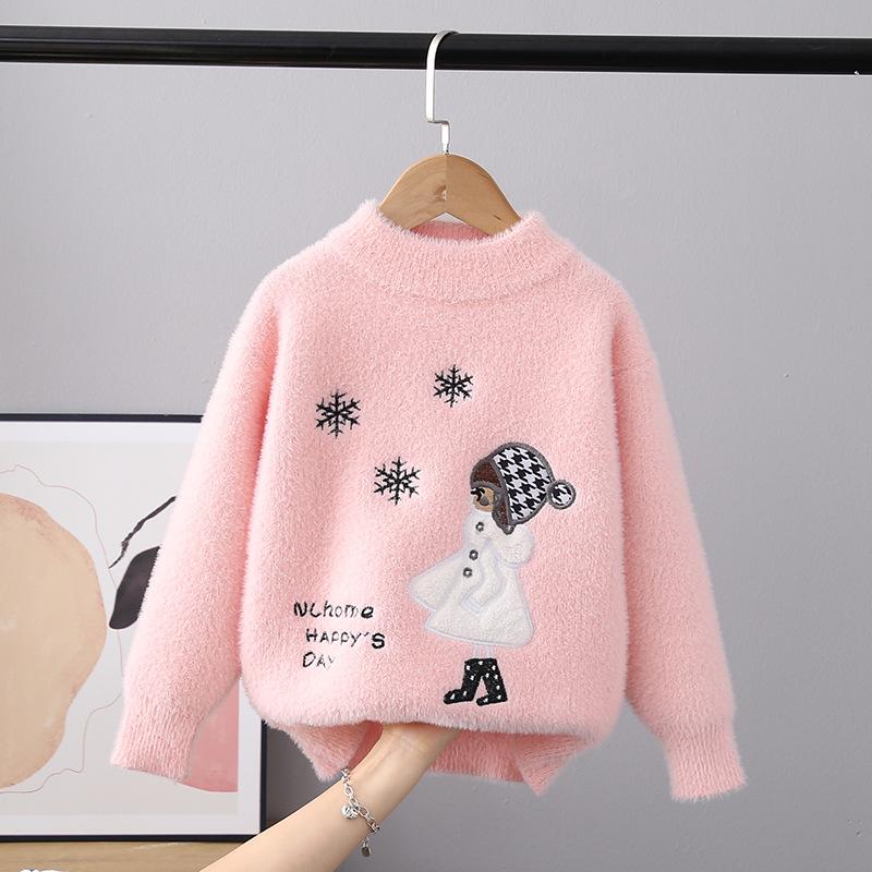 Child Sweater Autumn Winter Pullover Tops Girls Round Neck Sweaters Velvet Cartoon Long Sleeve Knitted Shirt