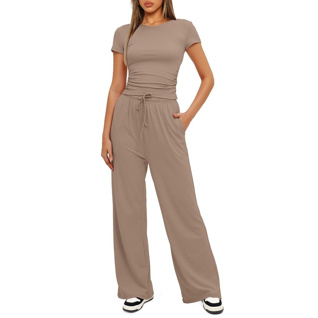 Women 2 Piece Outfits Sets Summer Short Sleeve Ruched Tops And Wide Leg Pants Tracksuit Matching Outfits