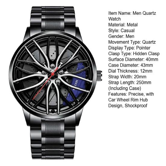 Quartz Watch Precise Round Dial Pointer Display Shockproof Hidden Clasp Chronograph with Car Wheel Rim Hub Design Automatic Quartz Wristwatch Clock