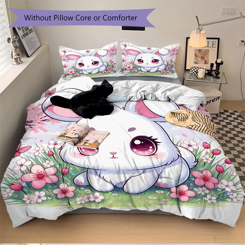 3pcs Lively White Rabbit Pattern Bedding Three-Piece Set (No Fillings), Soft and Comfortable M072
