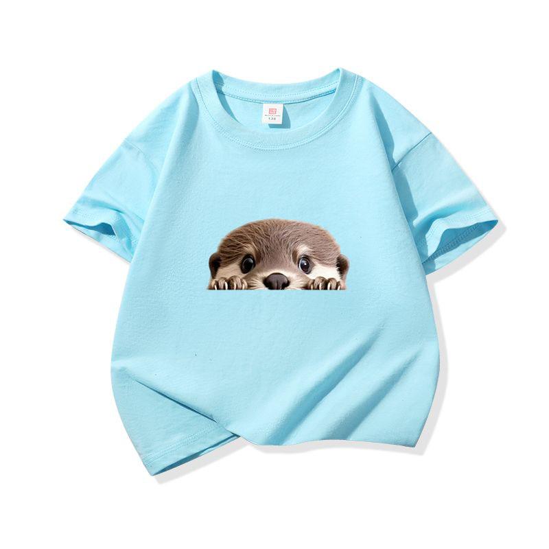 Kids Cotton T Shirt Cute Peeking Otter Print Crew Neck Short Sleeve Tee Casual Breathable Boys Girls Summer Tops