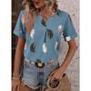 Women's Summer V-Neck Feather Print Short Sleeve Loose T-Shirt Top
