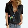 Женская мода блузки с лацканами и воротником, летняя футболка с короткими рукавами и принтом, женская хлопково-льняная футболка-кардиган