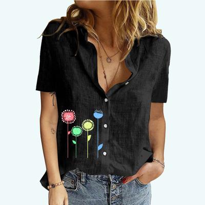Женская мода блузки с лацканами и воротником, летняя футболка с короткими рукавами и принтом, женская хлопково-льняная футболка-кардиган