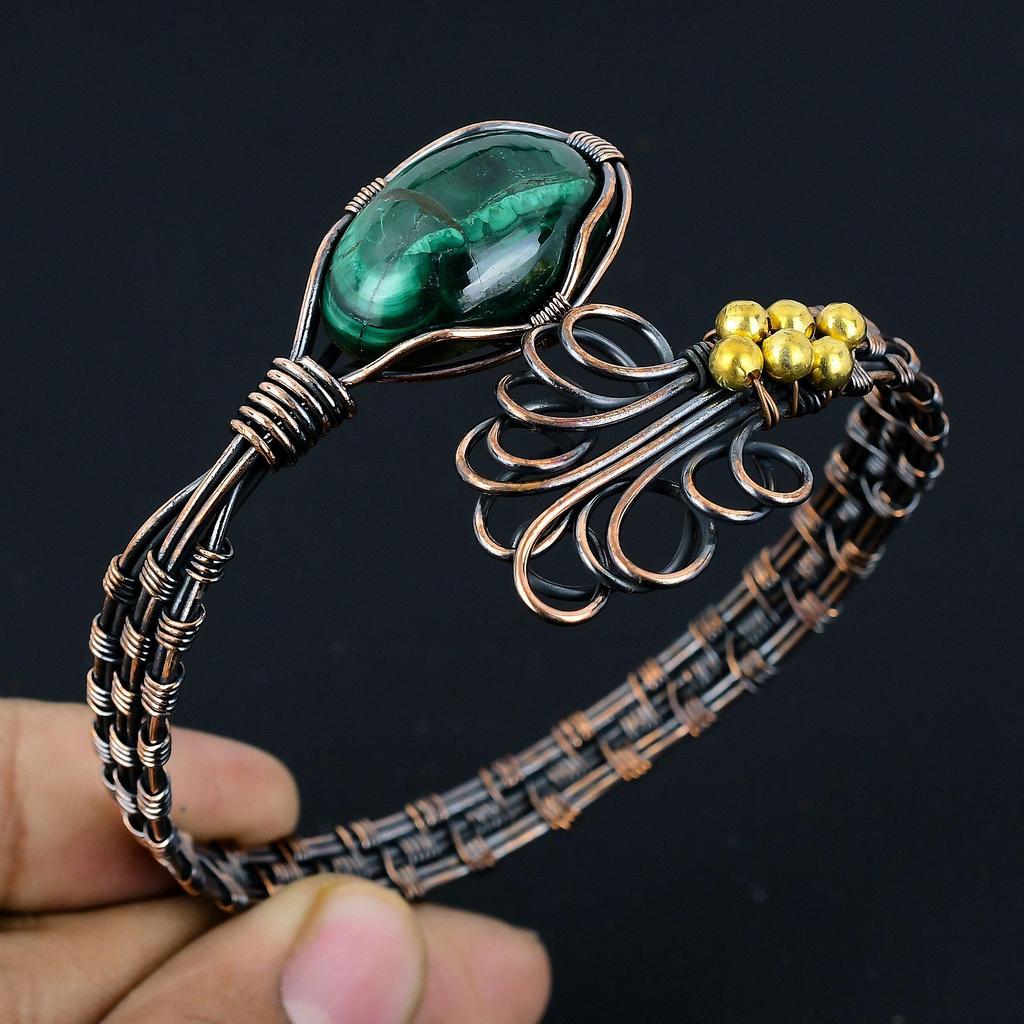 Малахитовый браслет-манжета, Браслет из драгоценного камня ручной работы, Антикварное украшение, обернутое медной проволокой 999 пробы, Для подарка на помолвку
