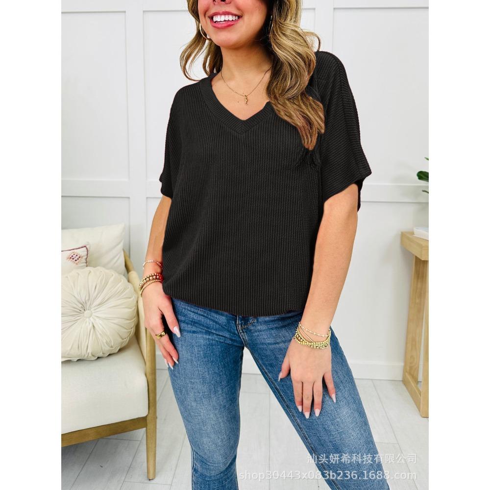 Women's V Neck Short Sleeve Oversized Ribbed T Shirt Casual Commuter Basic Top
