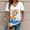 Летний топ с V-образным вырезом и принтом 3D Cat, модные повседневные женские футболки с короткими рукавами